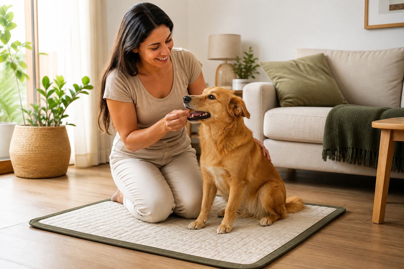 Tutora recompensando seu cão sentado corretamente no tapete higiênico